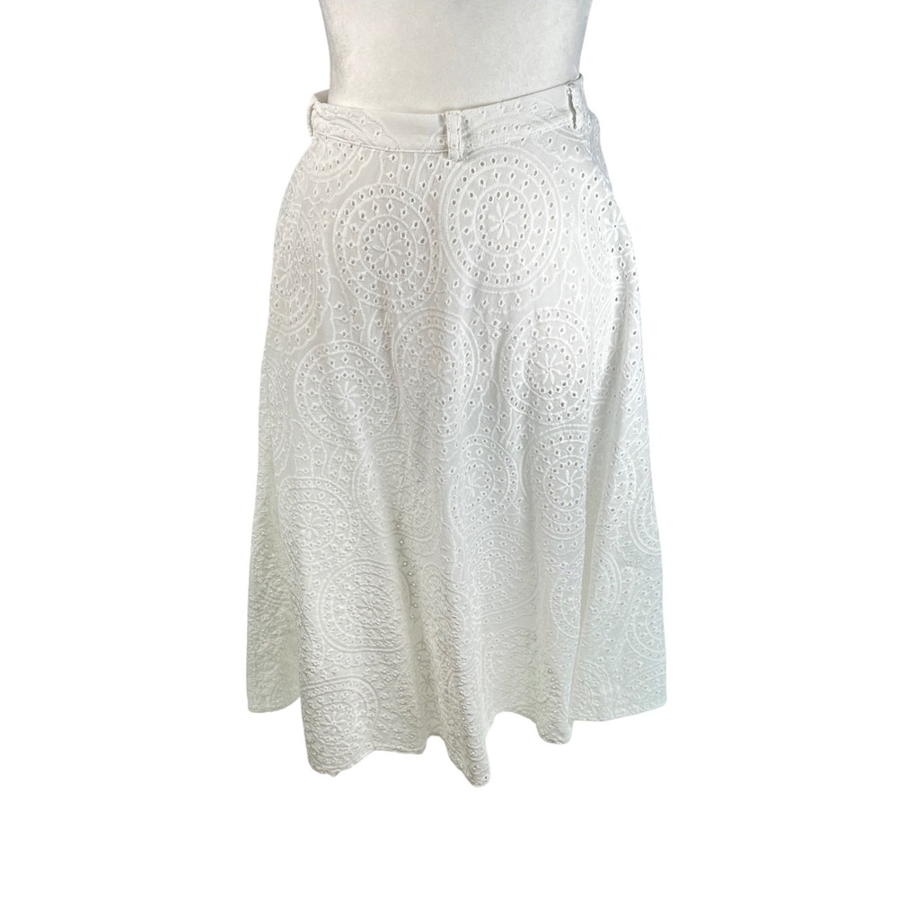 Handmade White Eyelet Midi Skirt A-Line Floral Embroidery Side Zip Size Medium